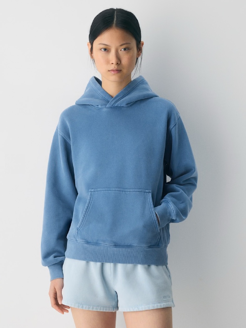 Aritzia sweat cozy sweat fleece hoody in cornflower blue.